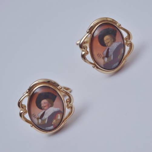 Vintage pair cufflinks by Stratton, The Laughing Cavalier, gold gilt & glass reverse painting, 1920`s ca, English